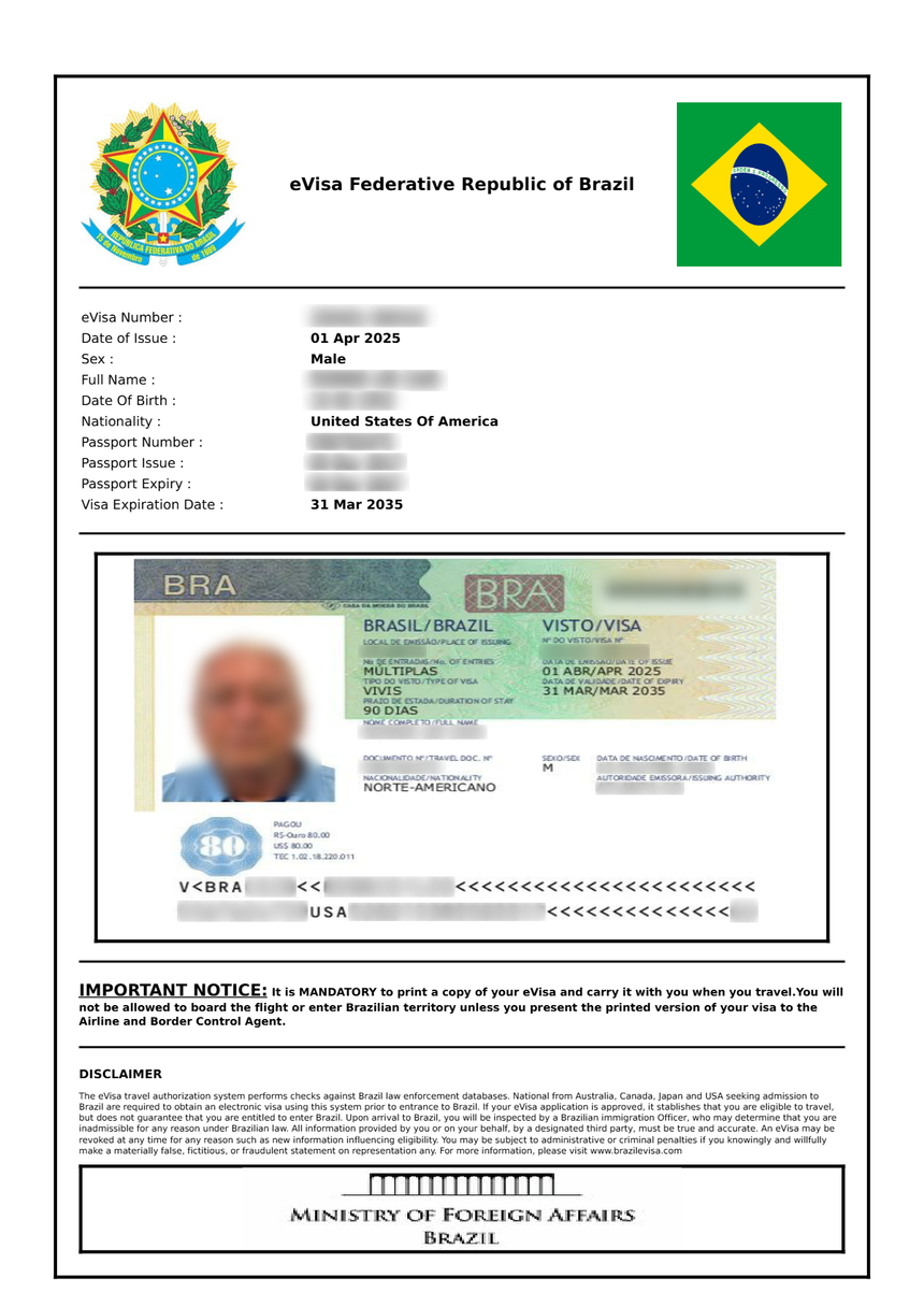 Sample Brazil eVisa PDF document
